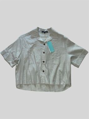 Shore Light Blue Linen Oversized Button-Up Shirt with Distressed Hem